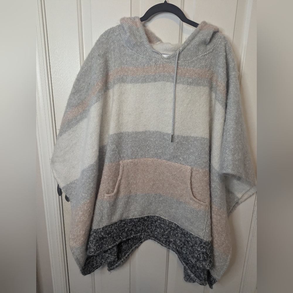 World Market Women's Soft Knit Oversized Striped Hooded Poncho Front Pocket, OS